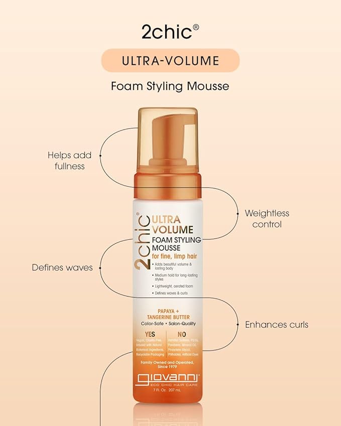 GIOVANNI 2Chic Ultra Volume Mousse for Fine & Thin Hair - Volumizing Hair Foam for Women & Men, Foaming Texture for Defining & Enhancing - Papaya & Tangerine, 7 fl oz (Pack of 1)