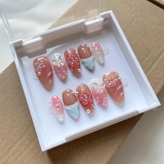 MAGLFELL Press On Nails Medium Almond Nails, Handmade 3D Design Fake Nails with Thick Acrylic Multi-Layer Gel Nails, Reusable Durable DIY Artificial Nails for Women (10 Pieces)
