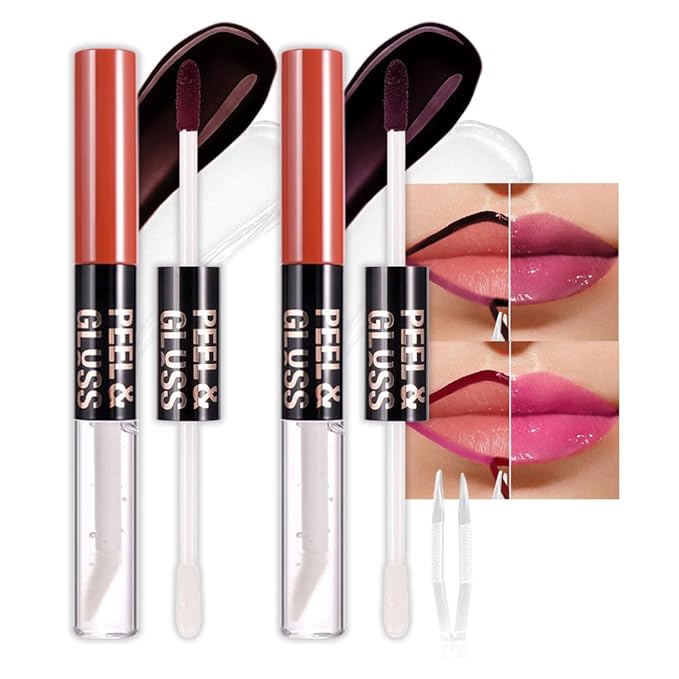 JUAAZIN 2Pcs Liquid Lip Stain Peel Off Lip liner and Lip oil with Tweezer, Dual-Ended Peel Off Lip Stain Tattoo, Highly Pigmented Long Lasting Waterproof, Transfer-proof for All Skin Types, 03#+05#