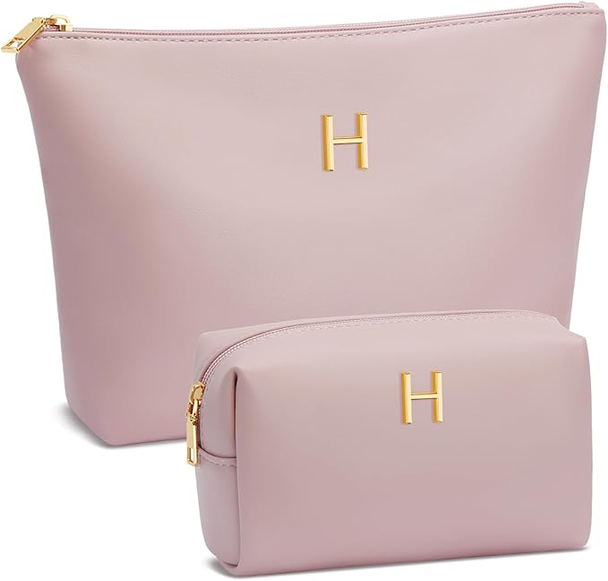 Women Gifts | Initial Makeup Bag Set for Girl Personalized Gifts for Bridesmaid Friend Graduation Teachers PU Leather Cosmetic Travel Toiletry Bag(Pink,H)