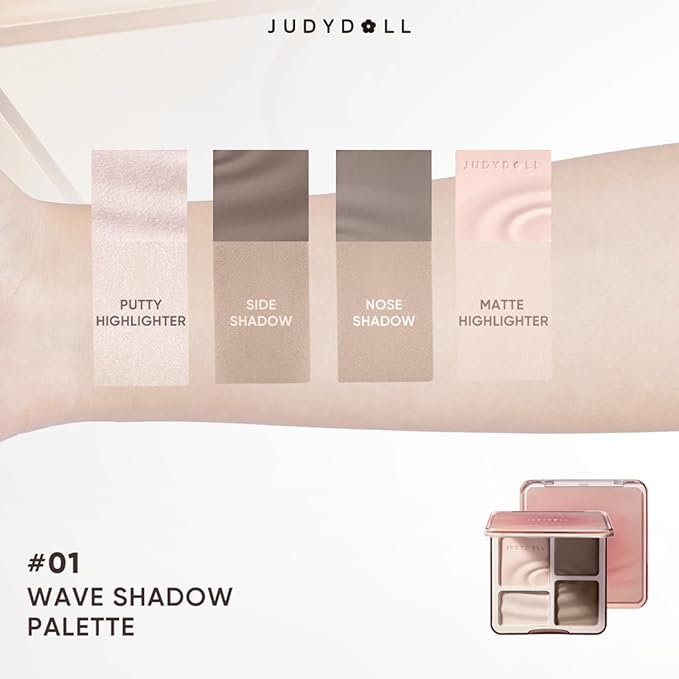 JUDYDOLL Highlight & Contour Palette, All-in-One Matte Highlighter Contour Compact, stocking stuffers, Blendable Face Makeup for Cool Fair and Olive Skin (New Version 01 Wave)