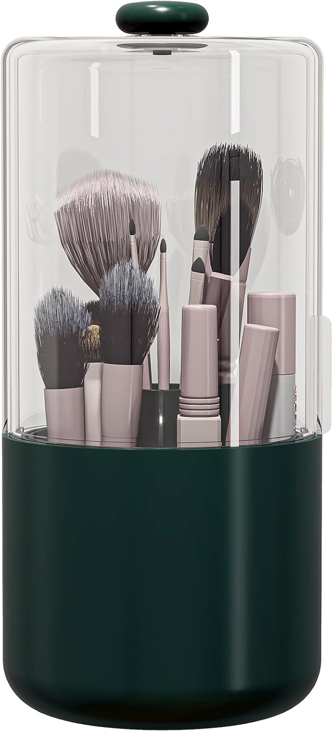 Zufudo Makeup Brush Holder with Dustproof Cover, Clear 360 Rotating Make Up Brushes Organizer for Counter Vanity Bathroom, Olive Green