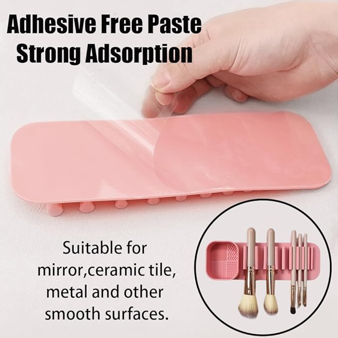 henshuo Suction Wall Makeup Brush Silicone Holder,Makeup Brush Drying Rack Suction Wall,Cosmetic Brushs Silicones Storage Rack,1 Piece,Pink