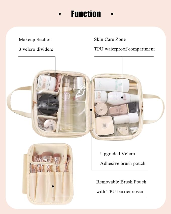 Travel Makeup Bag Skin-feel Leather, Large Capacity Cosmetic case for Women, Waterproof Portable Make up Organizer with Divider and Handle for Toiletries, Beauty Essentials (Beige)