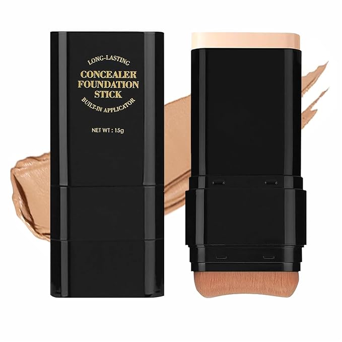 Dual-Ended Foundation & Concealer Stick with Built-in Brush, Long-Wear Matte Korean Full-Coverage Makeup, Waterproof Hydrating Contour for All Skin Tones (04#WHEAT)