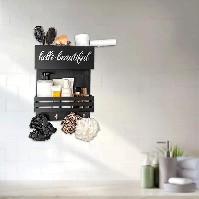 Wooden Hair Dryer Holder Wall-Mounted - 2 Tier Bathroom Storage Shelf Cosmetic & Hairdressing Tools Organizer for Bathroom Countertop/Vanity (Black)