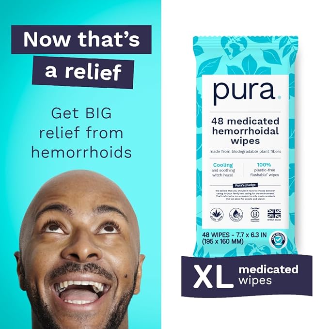 Pura Flushable Hemorrhoid Wipes XL, 48 Count, Medicated with Cooling Witch Hazel, Aloe & Coconut Oil, Fast Relief, Fragrance-Free, 100% Plastic-Free