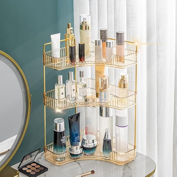 Corner Bathroom Organizer, Vanity Trays, Skincare Makeup Shelf, Counter Organizer for Cosmetics, Toiletries, Lotions, Perfumes (3 Tiers, Amber)