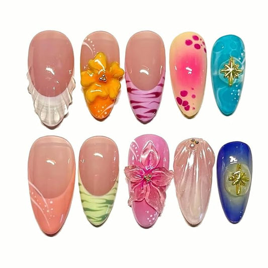 Press On Nails - Short Coffin Handmade Unique Fake Nails, Artistic Design, Thick Acrylic and Muti-Layer Gel False Nails, Reusable UV Gel Cured Sturdier 3D Fake Nails,DIY Art Decorate