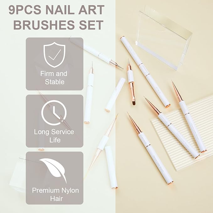 KEMEISI Nail Art Brush Set, 9PCS Double-Ended Acrylic Liner Brush Dotting Pen for Gel Polish, Nail Design Tools for Professional Manicure DIY Home Salon
