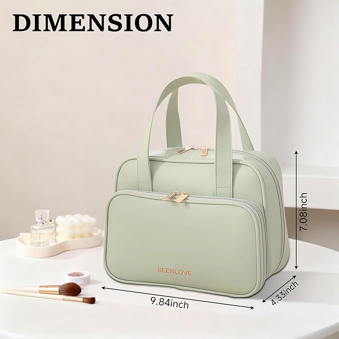 VISSUX Travel Makeup Bag, Large Capacity Waterproof Cosmetic Bag for Women, Opening Storage Toiletry Bag With Handle and Divider, Portable Makeup Organizer Bag for Travel & Daily Use (GREEN)