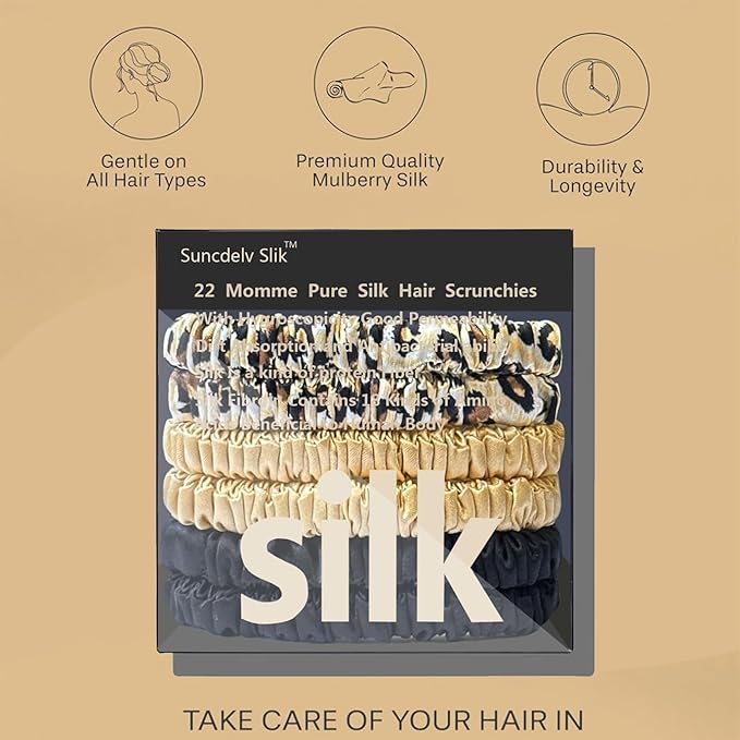 Suncdelv Silk,100% Silk Scrunchies for Hair,22 Momme Hair Ties for Anti-Crease & Breakage,Natural Women Hair Accessories，Fashion Hairbands 6PCS(Black, Gold,Leopard)