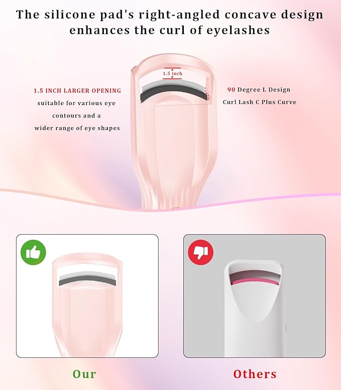 Heated Eyelash Curler Premium PRO - Fast Heat up in 8s - 24 Hours Long Lasting - Rechargeable Electric Eyelash Curler with Type-C, Innovative L Silicone, 2 Heat Modes, Anti-Burn Eyelid, Pink-FA