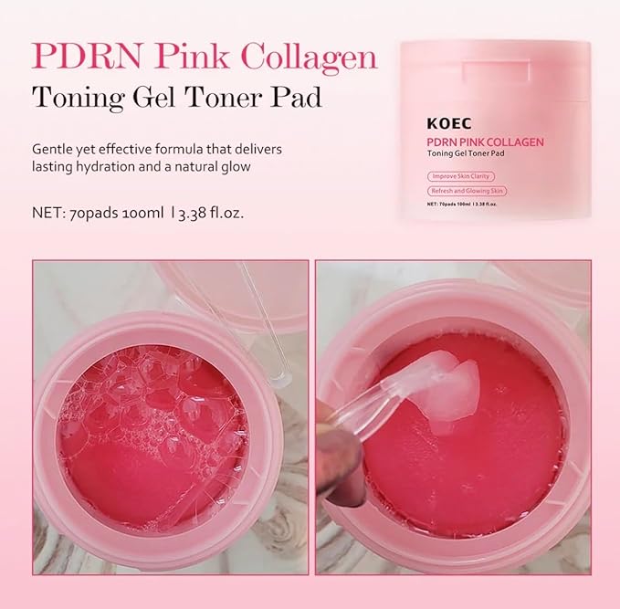 Beautivana KOEC PDRN Pink Collagen Toning Gel Toner Pads, 70 Count, Hydrating Facial Treatment for Smooth Plumped Skin with Improved Clarity, 3.38 fl.oz