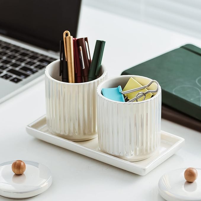 Redelaenor Ceramic Bathroom Canister Set with Coordinating Small Vanity Tray Qtip Holder Dispenser for Cotton Ball,Swab,Pads, Floss, Bathroom Storage Jars with Lids Pearl White