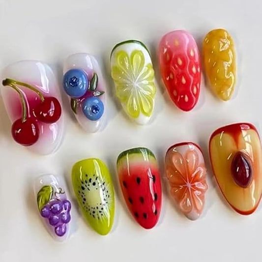 Press On Nails Medium Almond Shape - 3D Handmade Acrylic Gel Fake Nails with Glitter Designs, Reusable Thick Almond Nails for Women DIY Manicure Kit (10PCS, L Size, Easy Application)