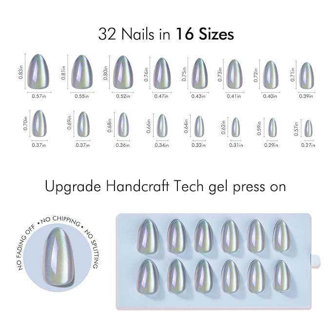 VSALON Press on Nails Short Almond - Holographic Chrome Cat Eye Nails Kit for Women, Reusable Aurora Effect Transparent Soft Gel Fake Nails with Glue - 32 PCS Stick On Nails in 16 Sizes