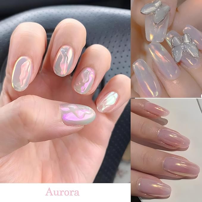 BISHENGYF White Pearl Chrome Nail Powder: 7 Colors Iridescent Aurora Chrome Powder Pearl Mirror Effect Glitter Powder Pearlescent Ice Transparent Mermaid Pigment Dust for Nail Art Decoration