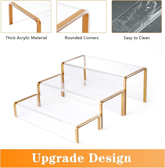 Purse Display Stand, 6mm Thick Clear Acrylic Risers Display Stands, Gold Shoe Display Riser, 3 Pack Luxury Handbag Bag Wallet Shoes Jewelry Perfume Display Showcase for Closet Retail Vendor Store