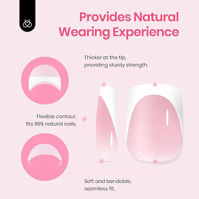 Beetles Short Squoval French Tip Press On Nails, 16 Sizes 64 Pcs Pink Squoval Shape Short Square Press On Nails Fake Nails Extensions Gel Nail Tips Nail Art DIY Manicure Gifts for Women