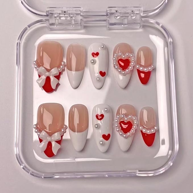 Press On Nails Medium Almond Shape - 3D Handmade Acrylic Gel Fake Nails with Glitter Designs, Reusable Thick Almond Nails for Women DIY Manicure Kit (10PCS, L Size, Easy Application)