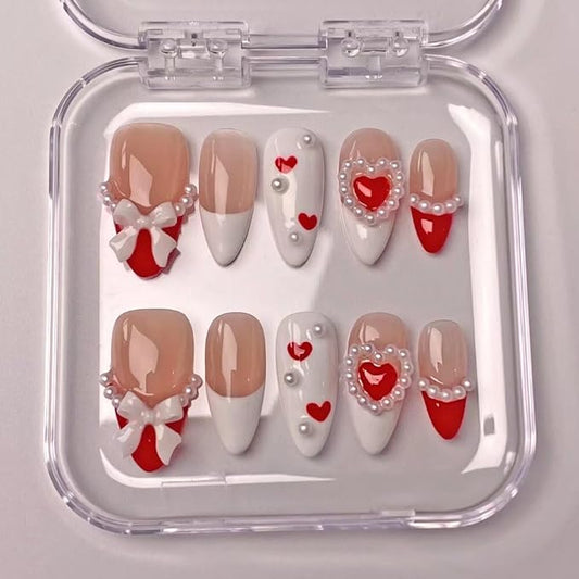 Press On Nails Medium Almond Shape - 3D Handmade Acrylic Gel Fake Nails with Glitter Designs, Reusable Thick Almond Nails for Women DIY Manicure Kit (10PCS, L Size, Easy Application)