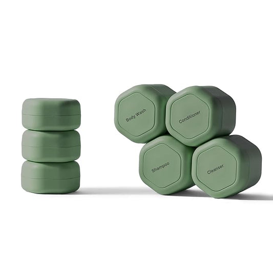 Cadence Travel Containers - Daily Routine Capsule Set - Magnetic Containers with Lids,4 Flex Mediums (1.32oz) & 3 Flex Smalls (0.56oz) - Shampoo, Conditioner, Body Wash, Pills, & More - Eucalyptus