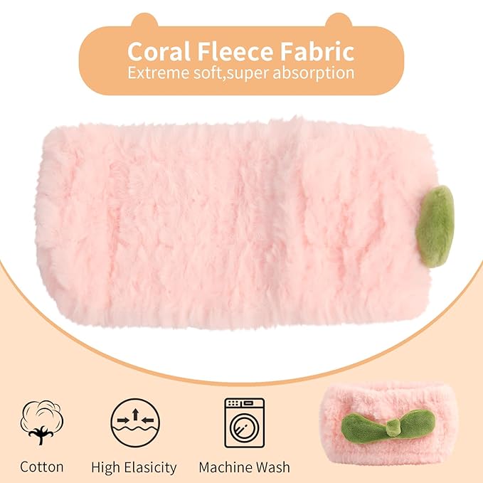 PERFECTSIGHT Spa Headband for Washing Face, Cute Wristband Hair Band Set for Shower Yoga Beauty Skincare Party, Soft Fluffy Makeup Headband, Kawaii Facial Headbands for Woman Girls, Peach