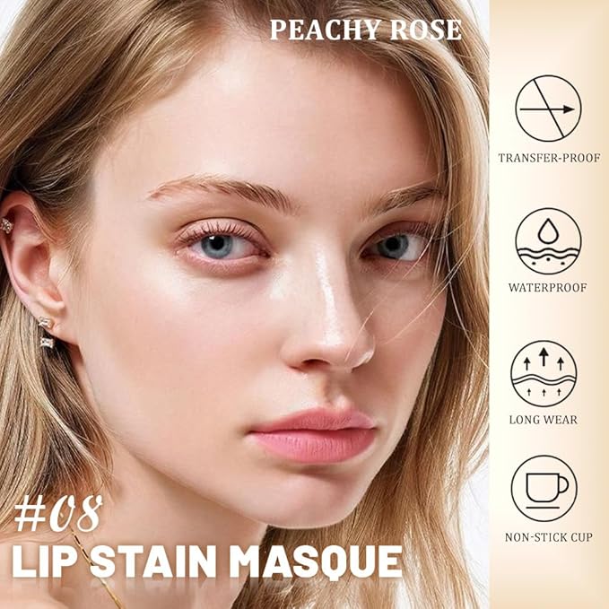 JUAAZIN Peel Off Lip Stain Tattoo with Tweezer - Peachy Rose Matte Lip Tint, Long Lasting Waterproof Transfer-Proof Lip Stain, Cruelty-Free Lip Masque for All Skin Types, Valentine's Day Gift 08#