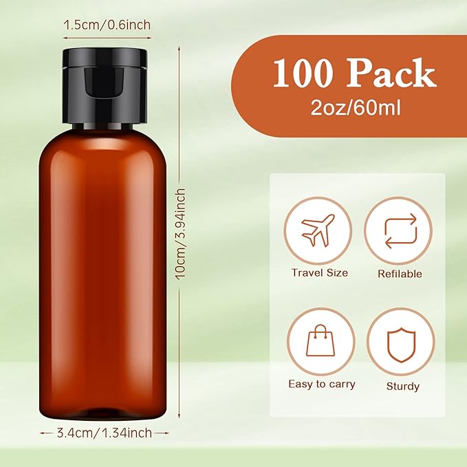 Eccliy 100 Pack 2 oz Plastic Bottles Travel Lotion Bottle Squeeze Container Plastic Bottles with Caps Small Travel Empty Refillable Toiletry Containers for Liquid Lotion Creams with 5 Funnels(Brown)