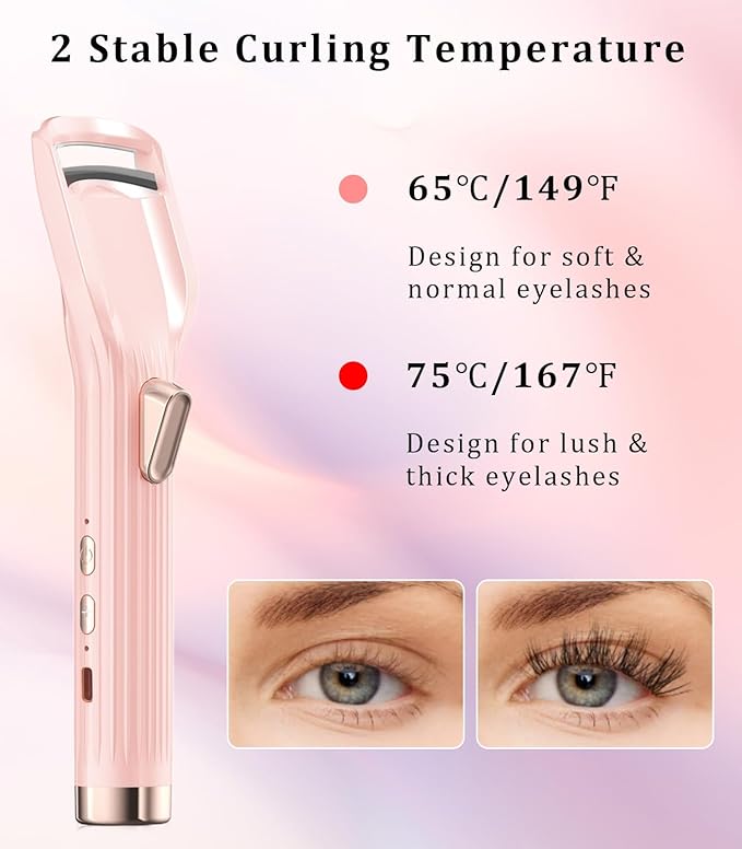 Heated Eyelash Curler Premium PRO - Fast Heat up in 8s - 24 Hours Long Lasting - Rechargeable Electric Eyelash Curler with Type-C, Innovative L Silicone, 2 Heat Modes, Anti-Burn Eyelid, Pink-FA