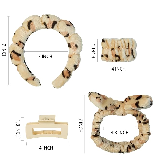 Yaqulen 7 Pcs Spa Set, Facial Headband and Wristband Set, Skincare Accessories, College Style Girl Idea Gifts, Hair Accessories for Women and Girls（Leopard）