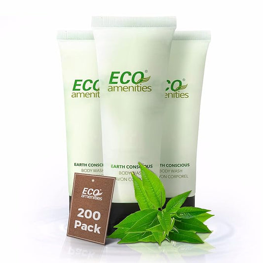 ECO Amenities Travel Size 1oz Body Wash (BULK 200 Pack) - 30ml Bulk Hotel Body Wash Supplies for Guests - Green Tea Scent Eco body wash for woman, Body wash for men, Biodegradable Container