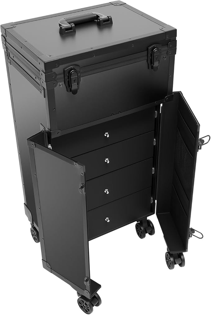 Professional Rolling Makeup Case 4 Drawers Makeup Travel Case for Makeup Artist, Hairstylists, Large Storage Cosmetic Case Trolley, Make-up Travel Organizer with Key Swivel Wheels