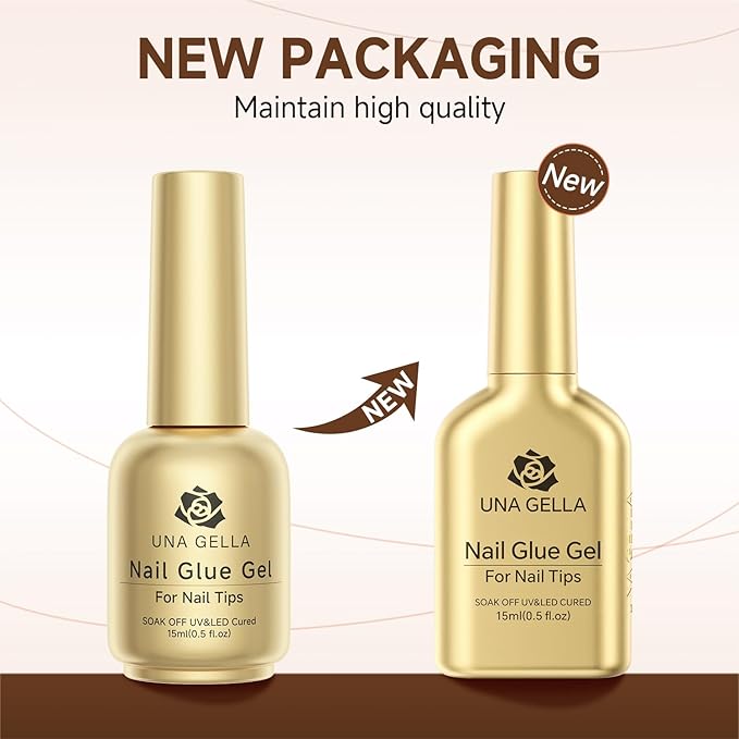 UNA GELLA 6 in 1 Gel Nail Glue for Clear Acrylic Nails Tips, 2Pcs 15ml Super Strong Brush UV Nail Glue Long Lasting Lamp Curing Required for Fake Nails Tips
