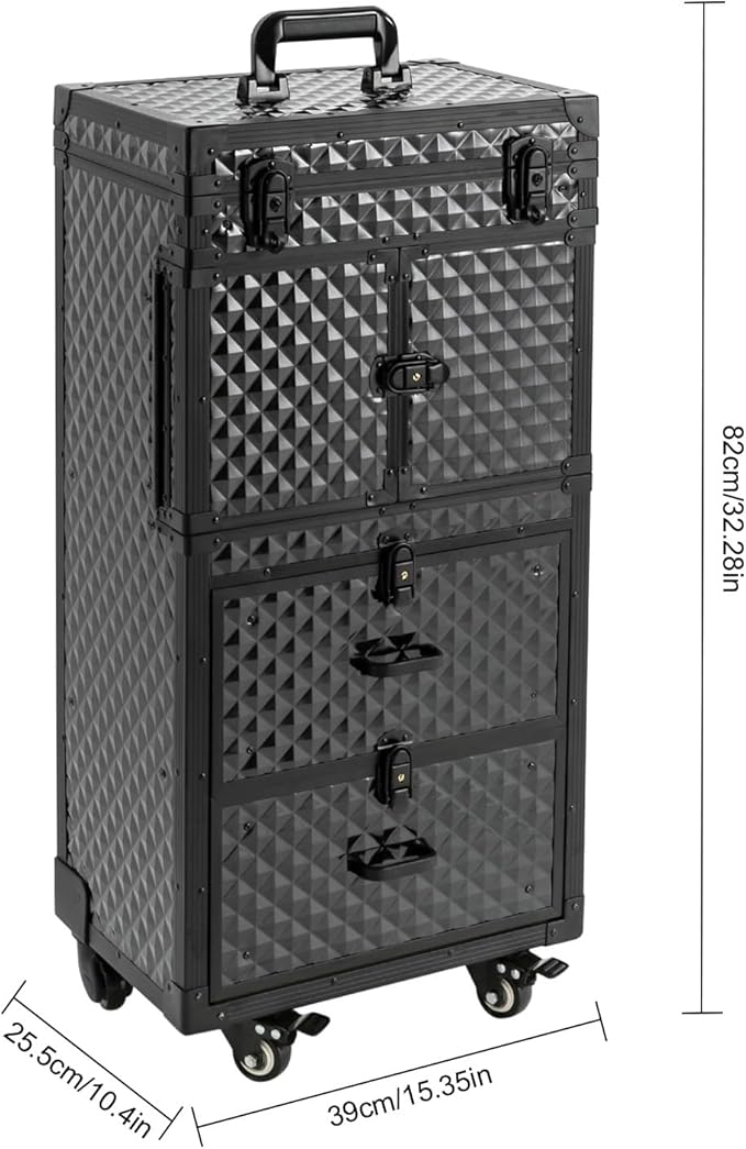 Rolling Lockable Makeup Train Case,Large Cosmetic Organizer Train Case Makeup Travel Case with 360° Swivel Wheels, Trolley Makeup Travel Organizer,Black