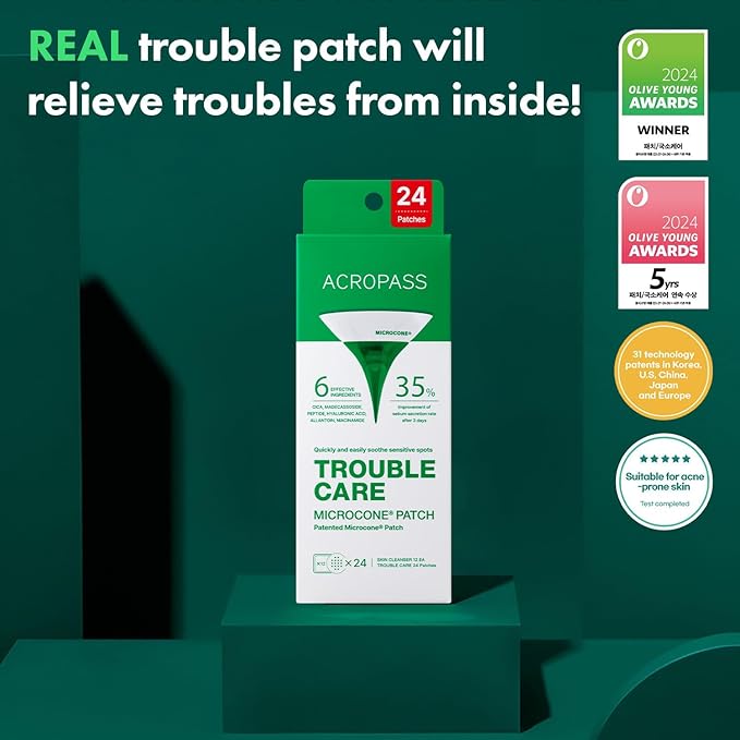 Acropass Trouble Care Microcone Acne Patch for Early Stage Pimple and Zits - Hydrocolloid, Niacimide Pimple Spot Treatment (Regular Size 24count)