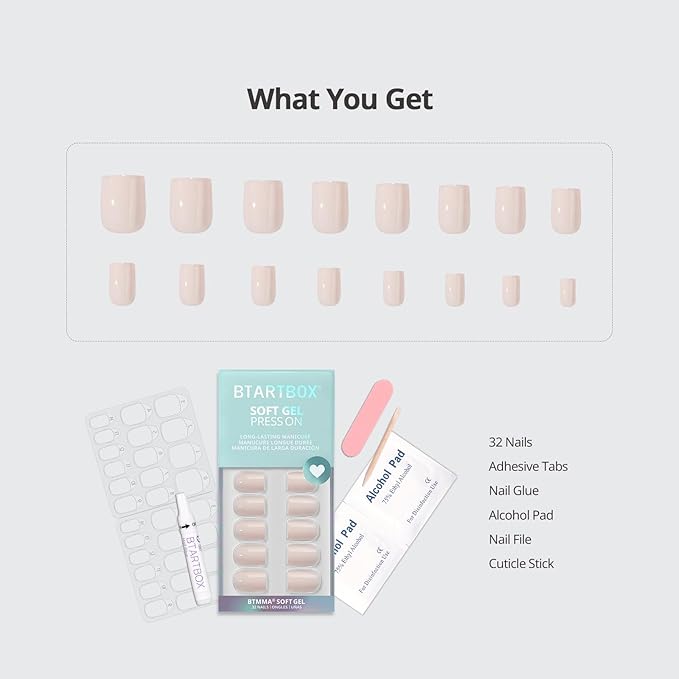 BTArtbox Press On Nails Square - Pastel Short Press On Nails with Glue for Women, Opaque Soft Gel Glue On Nails in 16 Sizes - 32 Stick On Nails Kit, Brief Nude