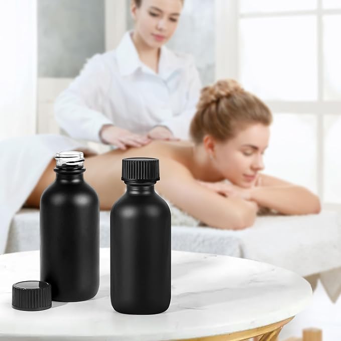 Exlvanto Small Glass Bottles with Lids Boston Round Shot Bottles for Health, Immunity, Ginger Juice, Essential Oils, Potion - Leak Proof Mini Travel Containers (Black Frosted, 2oz-24Pack)