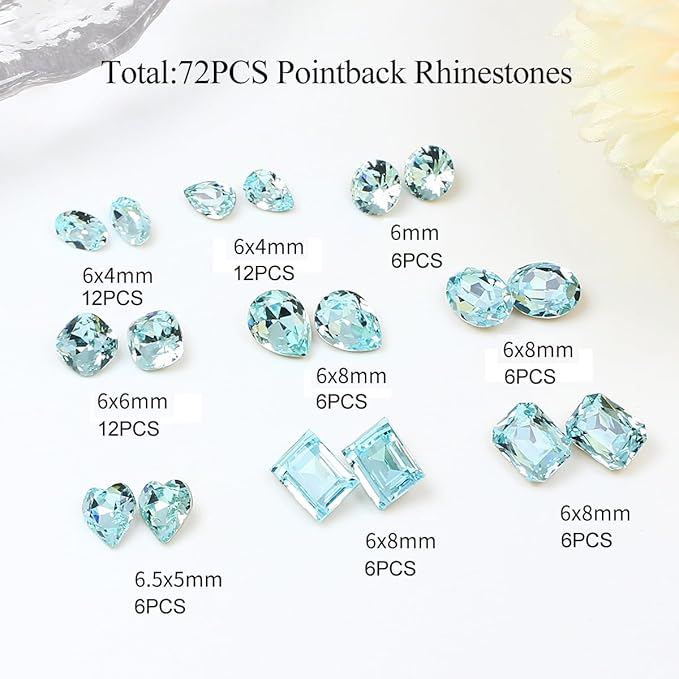 DONGZHOU 72pcs Mix Shape Nail Art Rhinestone,7 Styles Glass Nail Rhinestones Pointback Nail Gems Shiny 3D Nail Charms for Nail DIY Decorations Crafts,Aquamarine