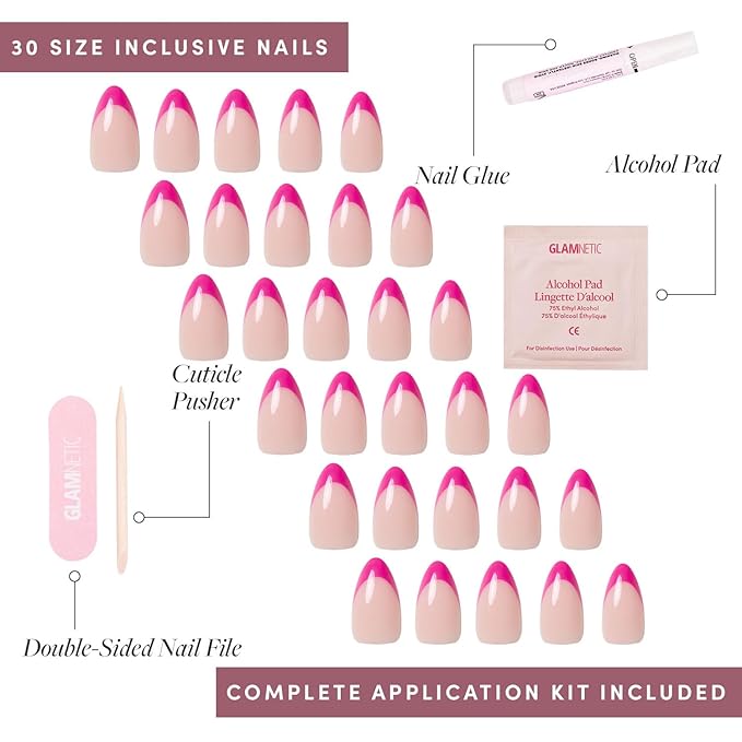Glamnetic Press On Nails - Raspberry Sorbet | Semi-Transparent Dark Pink Magenta French Tip Short Almond Fake Nails in a Glossy Finish, Salon Quality | 15 Sizes - 30 Nail Kit