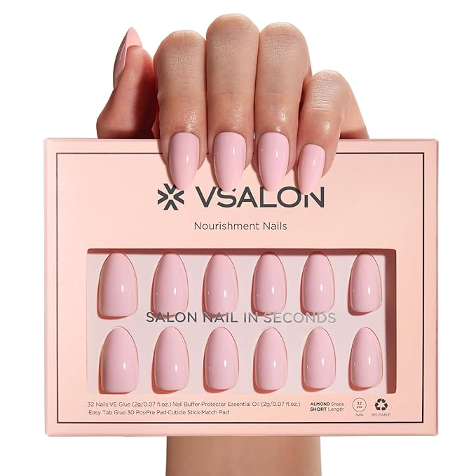 VSALON Press on Nails Short Almond - Pastel Baby Pink Fake Nails Kit for Women, Reusable Solid Opaque Soft Gel Glue on Nails with Glue, Protector Cuticle Oil - 32 PCS Stick on Nails in 16 Sizes