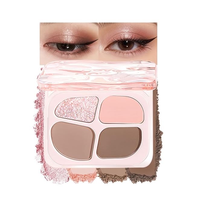 Pink Nude Mini Eyeshadow Palette – 4-Color Baby Pink & Rose Taupe Matte Shades with Pink Crystal Glitter, High Pigment Long-Lasting Blendable Warm Brown Soft Glam Eye Shadow for Daily Natural Makeup