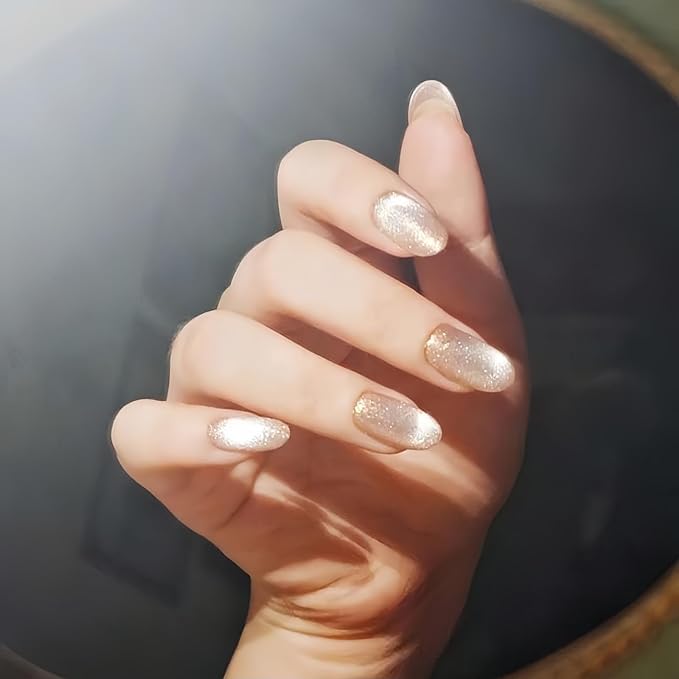 Cat Eye Press on Nails Handmade Short Oval/Square/Round False Nails with French Tip/Aurora/Magnetic Shimmer Designs (Glitter#Oval It Girl M)