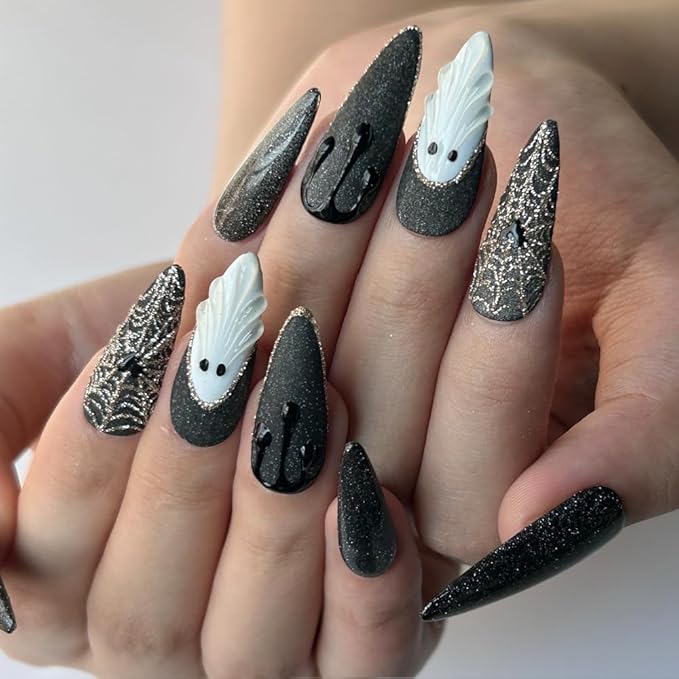 MAGLFELL Press On Nails Handmade Long Stiletto Fake Nails, Horror Black Blood Ghost Sparkling Design,10 Pcs Reusable ABS Material Finger Painting Fingernail Tip Salon Artificial Nails Kit (Size M）