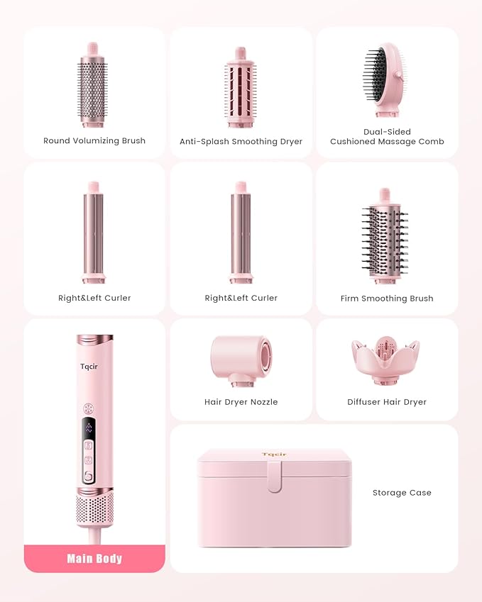 Tqcir 8-in-1 Professional Hot Air Styler&Hair Dryer Brush, Powerful Multi-Styler with Auto-Wrap Curler with Storage Case, Fast Drying Curling Straightening Volumizing Without Heat Damage(Pink)