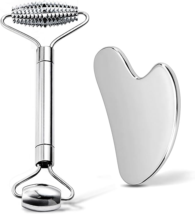Gua Sha Facial Tools and Face Roller Set, Stainless Steel Facial Sculpting Eyes Roller Guasha for Face, Chin & Jawline Sculpting,Skin Care