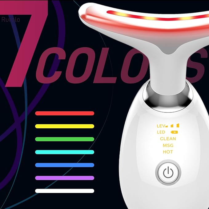 Face Massager with Led Light: 7-Color Facial Device - Neck Wrinkles Tightening Wand - Vibration Tool for Skin Care, White