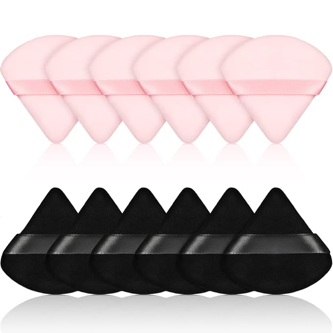 Maitys 12 Pcs Powder Puff Triangle for Face Makeup Cosmetic Loose Powder Puff Velour Soft Body Washable Reusable Foundation Sponge Wet Dry Makeup Tool for Women(Small,Black, Pink)