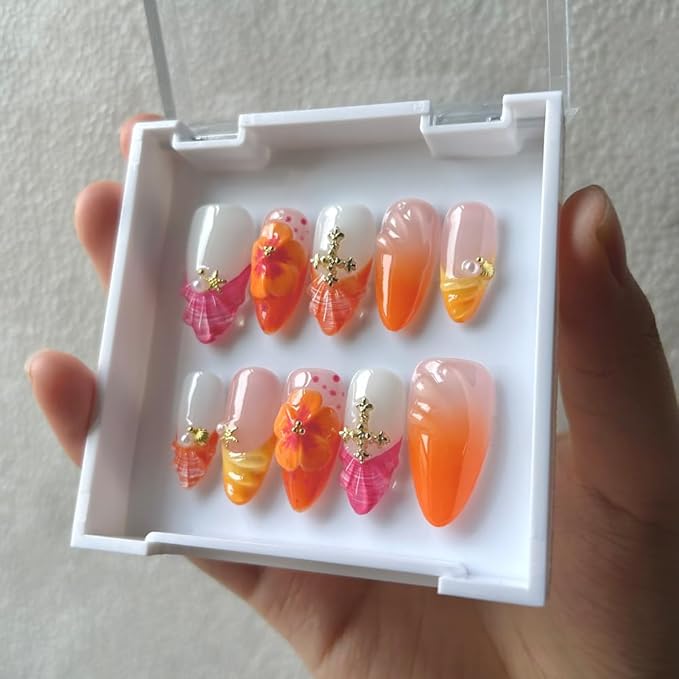 Press On Nails - Luxury Medium Almond 3D False Nails Women Reusable ABS Material Finger Printed Nail Tip French Salon Design Artificial Fingernail (Size M)